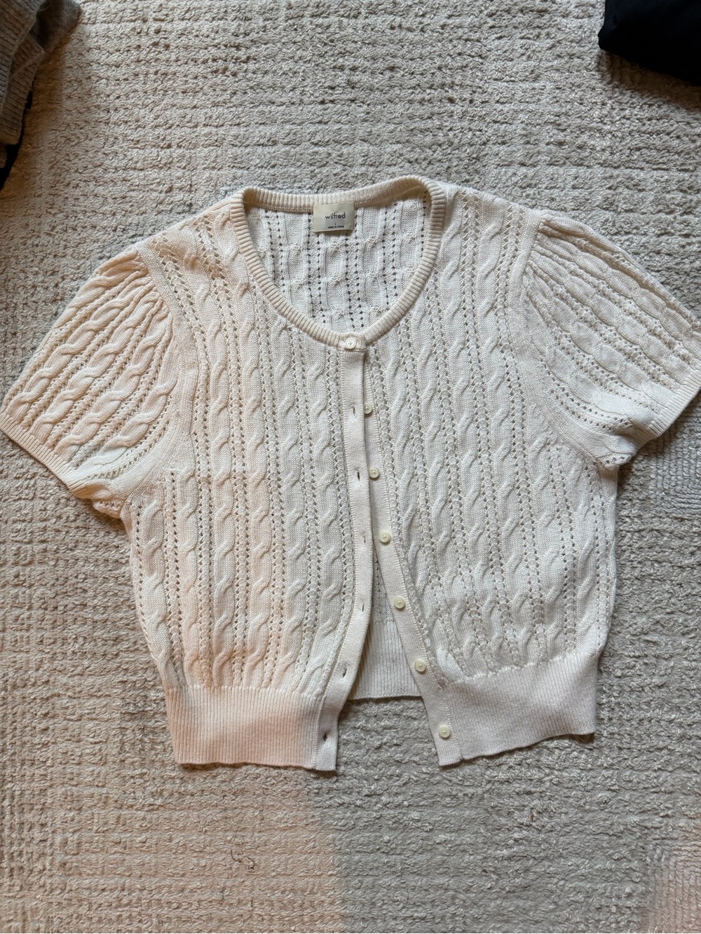 Aritzia Wilfred Light Cream Short-Sleeve Cable Knit Cardigan Sweater